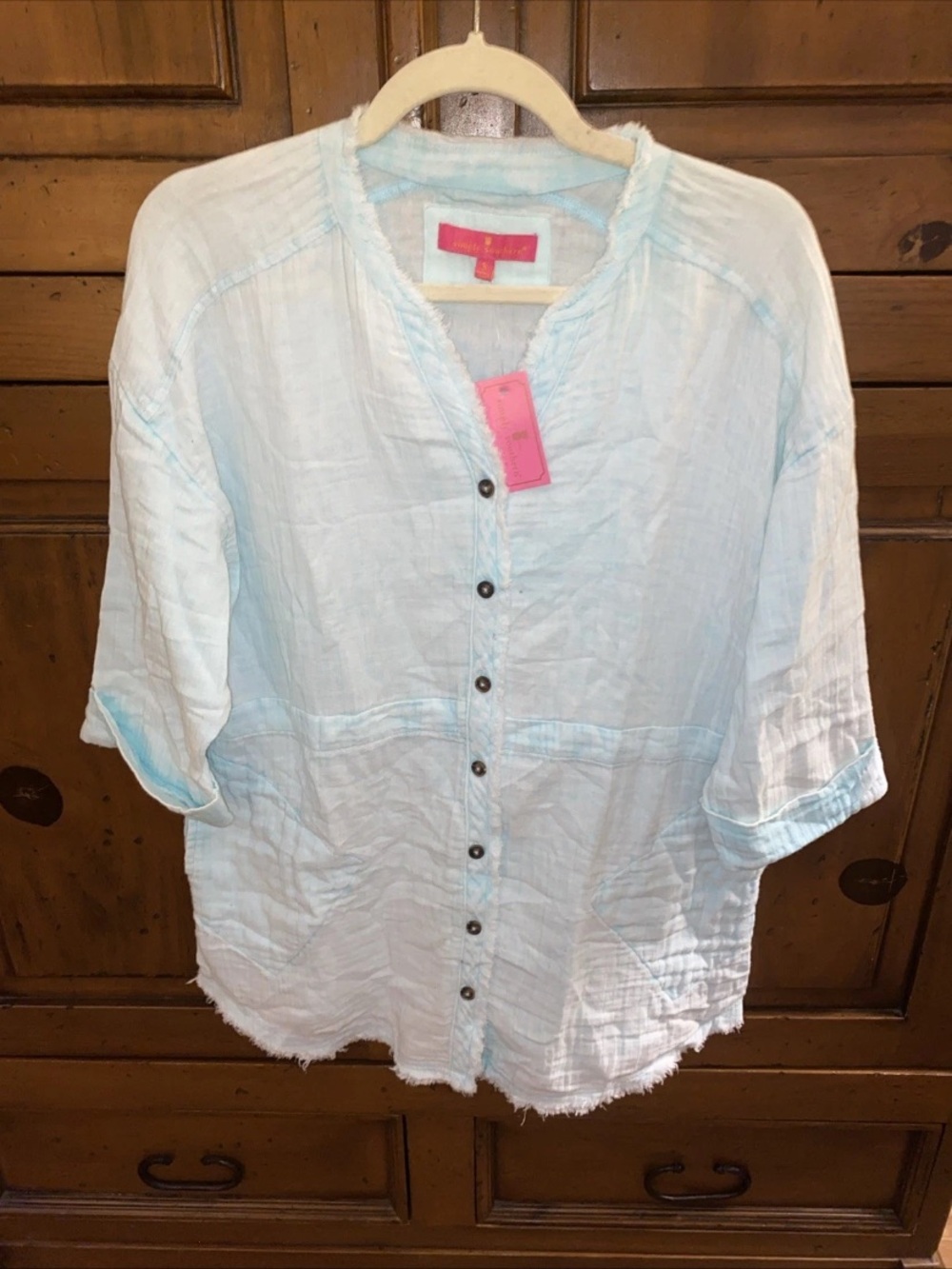NWT! Simply Southern Gauze Button Up Shirt Top-Pale Sea Foam Green-SMALL-Raw Hem